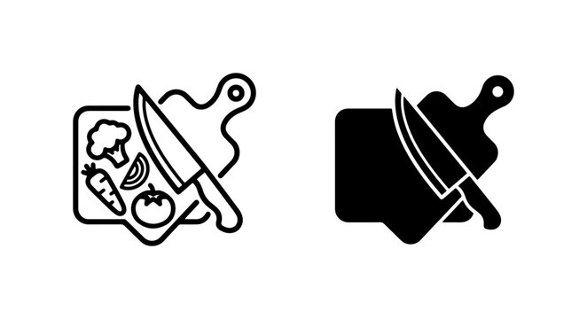 Kitchen Knife and Vegetables on Cutting Board Icons, Food Prep Vector Set