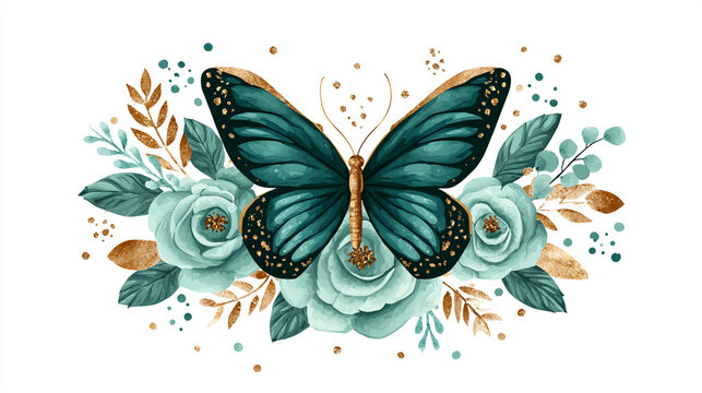 watercolor botanical butterfly and flowers texture template background.Elegant wedding invitation card background . Minimal hand painted Design for wedding or Valentine's Day