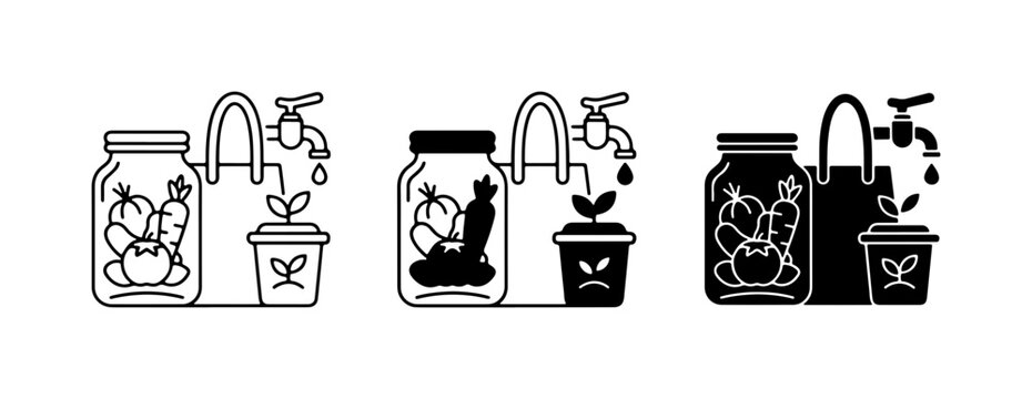 Gardening Icons: Jar, Plant, Tap, and Tote Bag Set