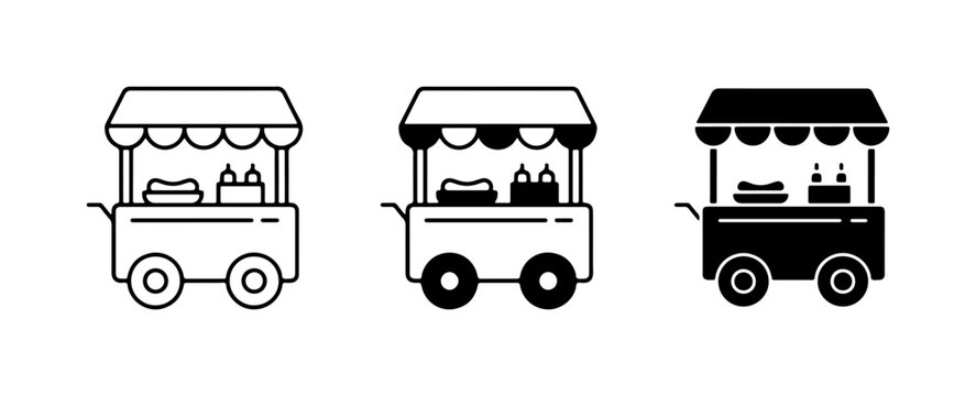 Food Cart Icons: Hot Dog Stand, Street Food Vendor, Mobile Kitchen Vector Set