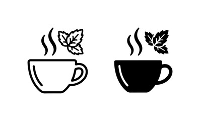 Hot Tea Cup Icons, Mint Leaf Steam, Beverage Vector Set © Nazia