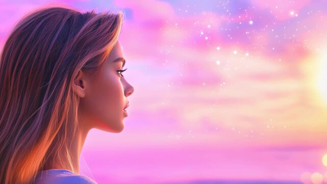 Serene Sunset Contemplation: A woman, her silhouette framed against a breathtaking sunset, finds solace in the twilight, capturing an atmosphere of dreams and contemplation.