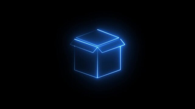  Blue color neon open gift box icon animation on black background. 
