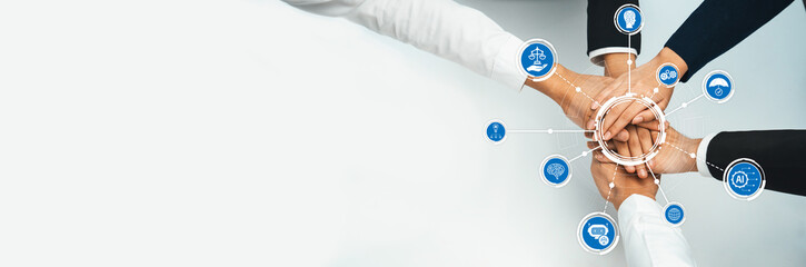 Fototapeta na wymiar A creative representation of business teamwork with hands united, emphasizing ethical values and collaborative spirit in a professional setting. A visual metaphor for partnership and trust. Amity