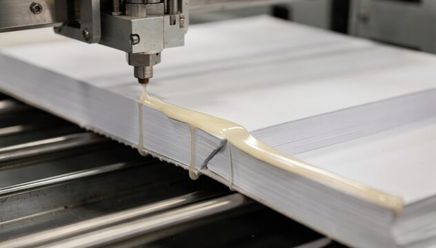Medium shot of hot melt adhesive application on trimmed notebook blocks showcasing smooth sealing for durable flexible binding in modern blankbook production.