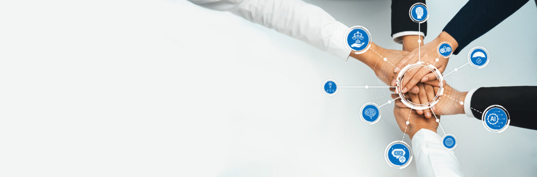 A creative representation of business teamwork with hands united, emphasizing ethical values and collaborative spirit in a professional setting. A visual metaphor for partnership and trust. Amity