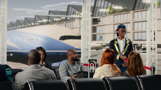 Giving flight announcement, smile and gate agent talking with tourists in airport. Inviting people to queue up for boarding gate, concept of organized travel flow and friendly airline personnel