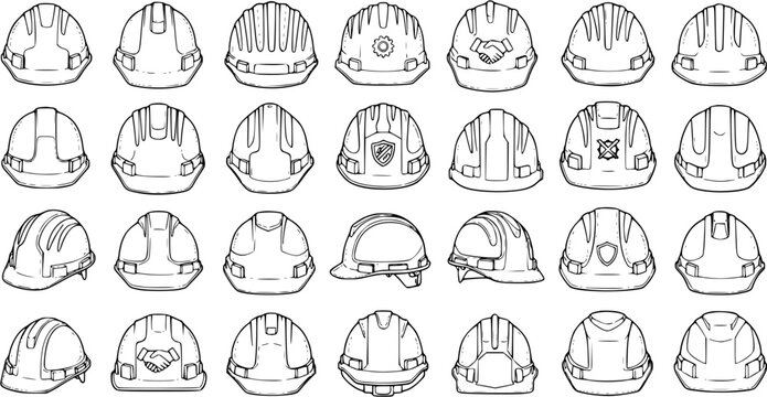 Set of black and white line art safety helmets icons. Various construction hard hats showing different angles and symbols for worker protection and industrial safety.