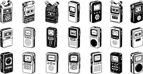 Detailed set of hand-drawn sketch icons featuring various vintage and modern handheld audio recorders, voice recorders, and cassette players in a monochrome line art style. © arulumia