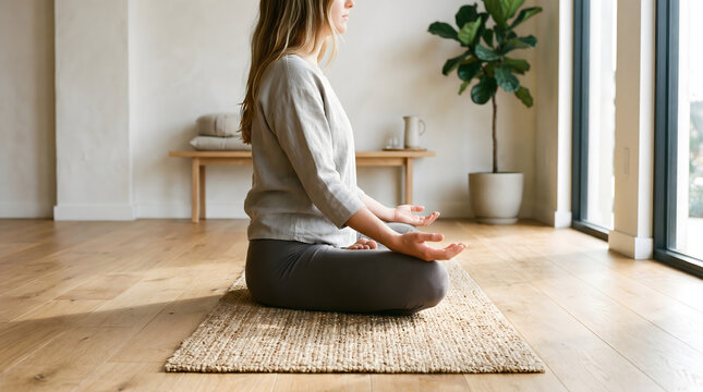 Woman meditating cross-legged on a rug in a studio