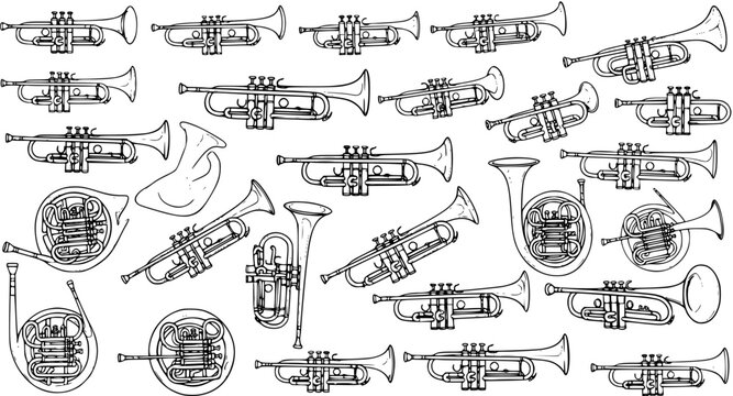 Musical Instruments Seamless Pattern: Hand-Drawn Trumpets and Horns