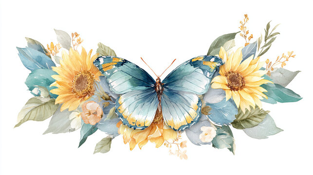 watercolor botanical butterfly and flowers texture template background.Elegant wedding invitation card background . Minimal hand painted Design for wedding or Valentine's Day

