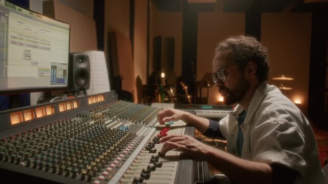 Focused sound engineer adjusting faders at mixing desk and monitoring digital audio software on screen while working on audio tracks in recording studio. Side view