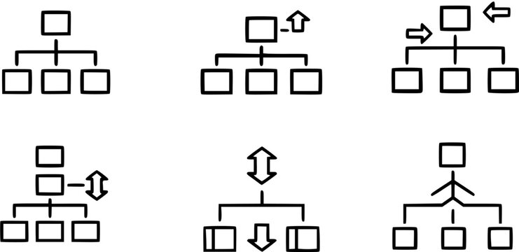 Organizational Chart Icons Set: Hierarchy, Business Structure, Management, Team Roles, Promotion, Demotion, Lateral Movement, and Communication Flow Symbols