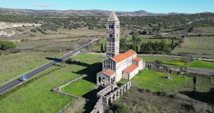 The Basilica della Santissima Trinita  di Saccargia (Basilica of the Holy Trinity), a romanesque church in northern Sardinia, Italy. Entirely built with local black basalt and limestone.