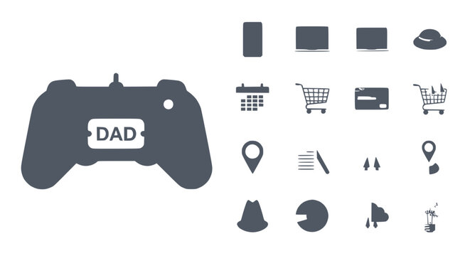 Dad's Gaming Controller & Icons Set: Tech, Shopping, Travel, Calendar, Home