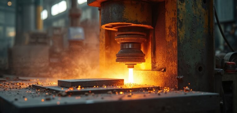 Hydraulic press shapes metal block with intense heat and sparks. Heavy industry machinery performs compression task in workshop. Powerful force transforms material for fabrication.