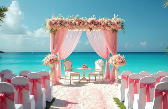 Beach wedding ceremony setup with pink floral arch white chairs and clear turquoise ocean water backdrop. Romantic seaside nuptials for couples seeking seaside bliss. Dream destination wedding scene.