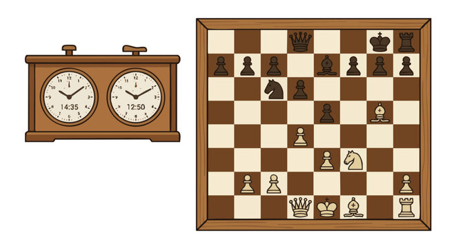 Chess clock next to a chessboard representing International Chess Day  