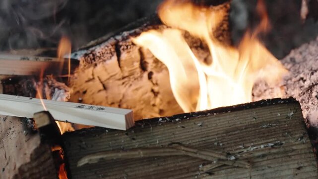 Burning Firewood with Flames and Smoke in Outdoor Setting