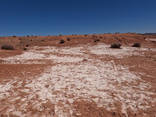white salt deposits spreading across dry, reddish desert soil In arid environments © Oualid