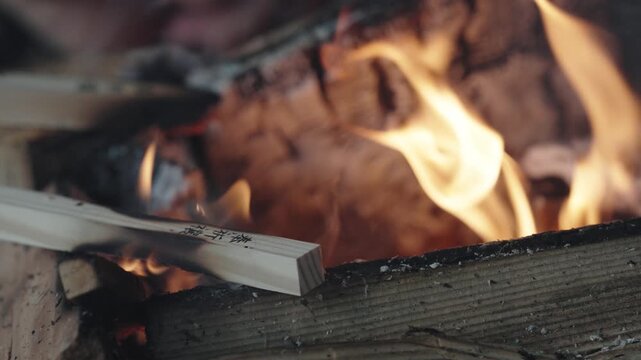 Burning Firewood with Flames and Smoke in Outdoor Setting