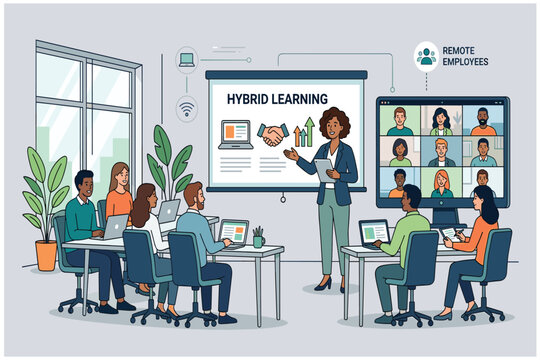 A diverse group of people participating in a hybrid learning session with an instructor presenting to both in-person and remote attendees