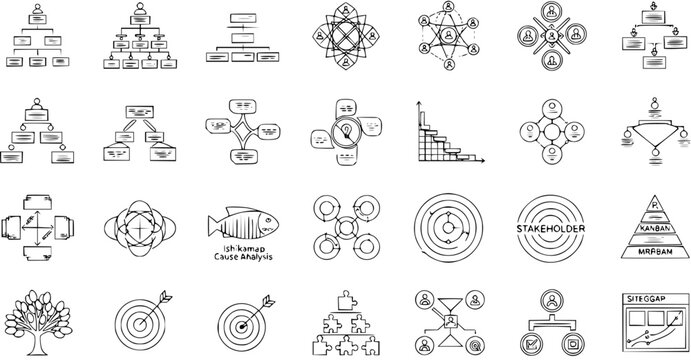 Hand-drawn business, management, and strategy diagram icons set. Sketchy organizational structures, analysis, planning, and goal concepts.