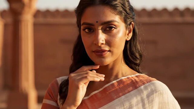 Cinematic beautiful indian women portrait in white saree with rust border, soft bindi, graceful hand gesture, warm sandstone palace backdrop, golden light, elegant cultural beauty for premium stock