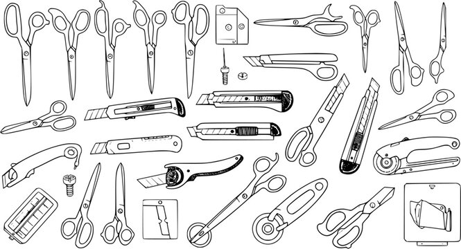 Hand-drawn outline collection of various cutting tools including scissors, utility knives, and rotary cutters for craft, office, and sewing projects.