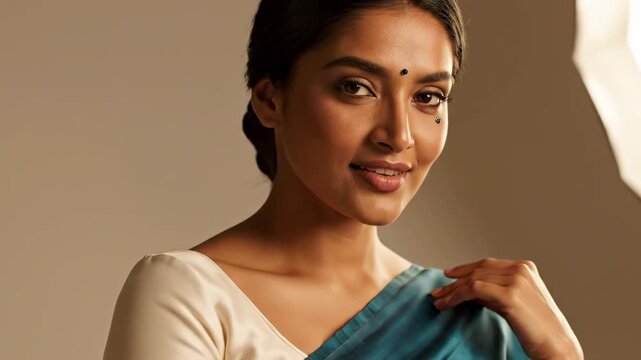 Elegant beautiful indian women portrait in teal sari and white blouse, shoulder pose, sleek bun, subtle bindi jewels, beige studio wall, refined expression, warm minimal fashion beauty stock