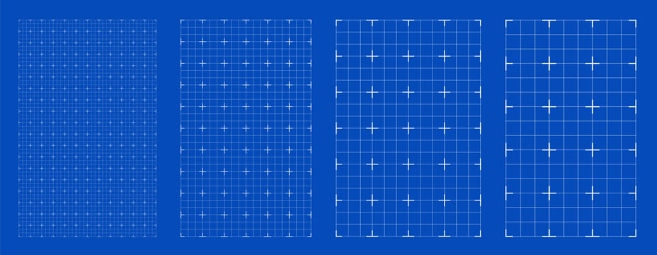 Blueprint grid set micro cross geometry, four scale variations. Wide medium dense micro spacing comparison, engineering layouts dashboards notebook pages interface planning systems technology graphics