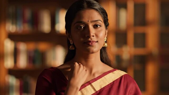Poised beautiful indian women portrait in maroon sari with cream border, gold earrings, library background, confident gaze, soft hand on shoulder, warm scholarly elegance for premium stock image