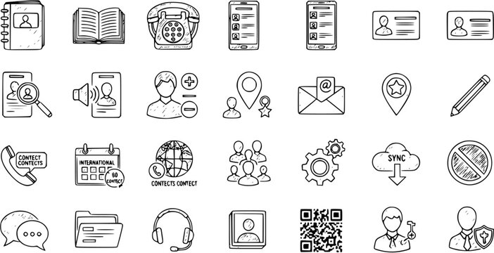 Contact icons set: Hand-drawn contact book, email, phone, calendar, global contact, gears, sync, QR code, key, shield, and more isolated on a white background.