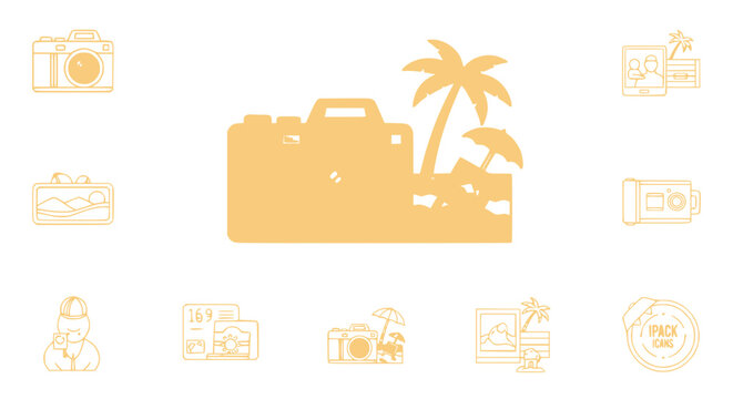 Summer Vacation Photography Icons: Camera, Palm Tree, Beach, Travel, Holiday