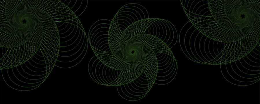 Abstract neon green geometric spiral patterns and intricate wireframe circular shapes on a solid black background. Futuristic digital art vector illustration.