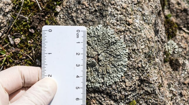 Geologist assessing the size and quality of a rock sample using a ruler and observing nature  organic texture,botanical detail, extreme close-up