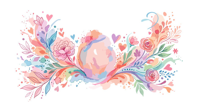 Colorful floral watercolor illustration with hearts and swirls