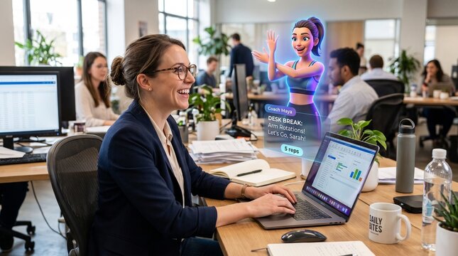 Young businesswoman in glasses wearing a dark blue blazer sitting at a desk with laptop in modern office with virtual assistant projected