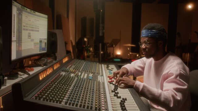 Young African American sound engineer adjusting mixing console and monitoring digital workstation in professional music recording studio