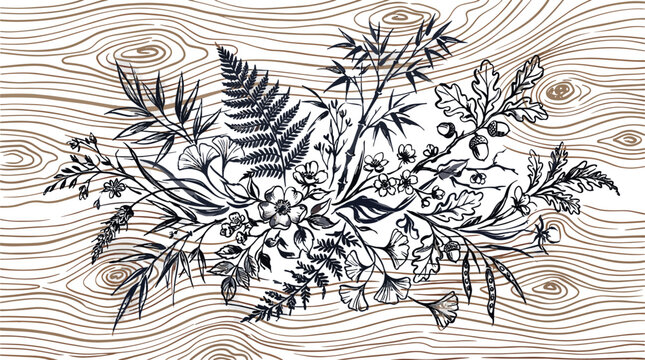 Elegant botanical illustration featuring detailed fern and leaf arrangement