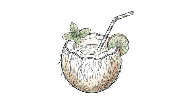 Handdrawn illustration of a tropical coconut cocktail with straw