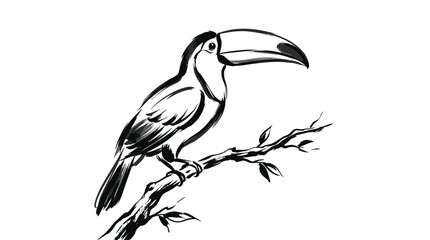 Fototapeta premium Elegant black and white illustration of a toucan perched on a branch
