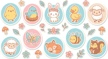 Obraz premium Cute kawaii spring animal circular badge sticker set featuring baby chick, bunny, sheep, fox, squirrel, and butterfly in pastel colors.