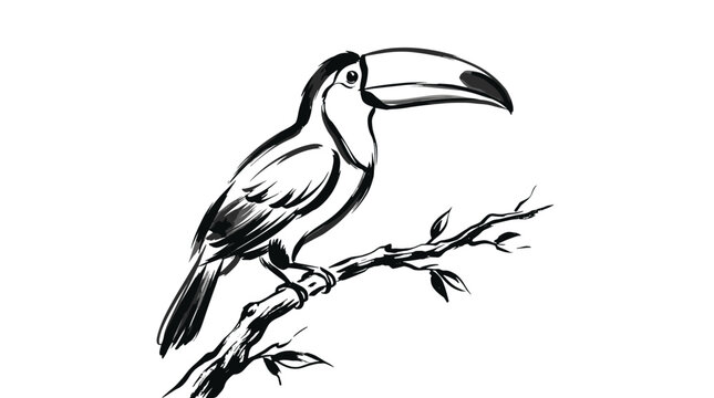 Elegant black and white illustration of a toucan perched on a branch