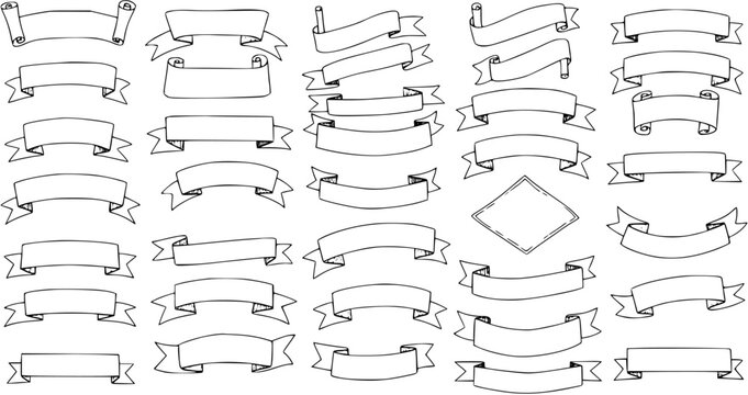 Hand Drawn Doodle Ribbons, Banners, and Frames Collection - Outline Sketch Design Elements Set for Text and Decoration
