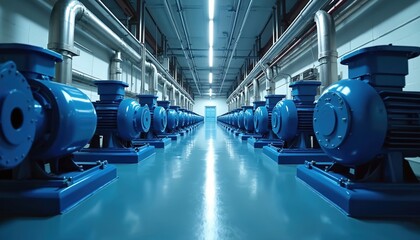Obraz premium Rows of blue electric motors and pumps in industrial facility. Shiny pipes run along ceiling of clean factory hall. Machinery for water treatment or energy production.