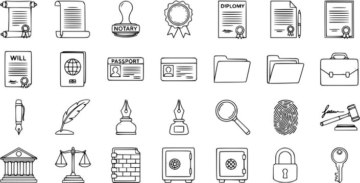 Set of Law, Legal, Justice, and Security Line Art Icons for Business Documents and Protection