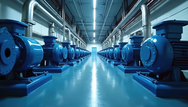 Rows of blue electric motors and pumps in industrial facility. Shiny pipes run along ceiling of clean factory hall. Machinery for water treatment or energy production.