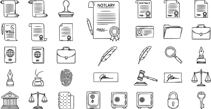 Hand-Drawn Legal  Business Icons: Documents, Court, ID, and More